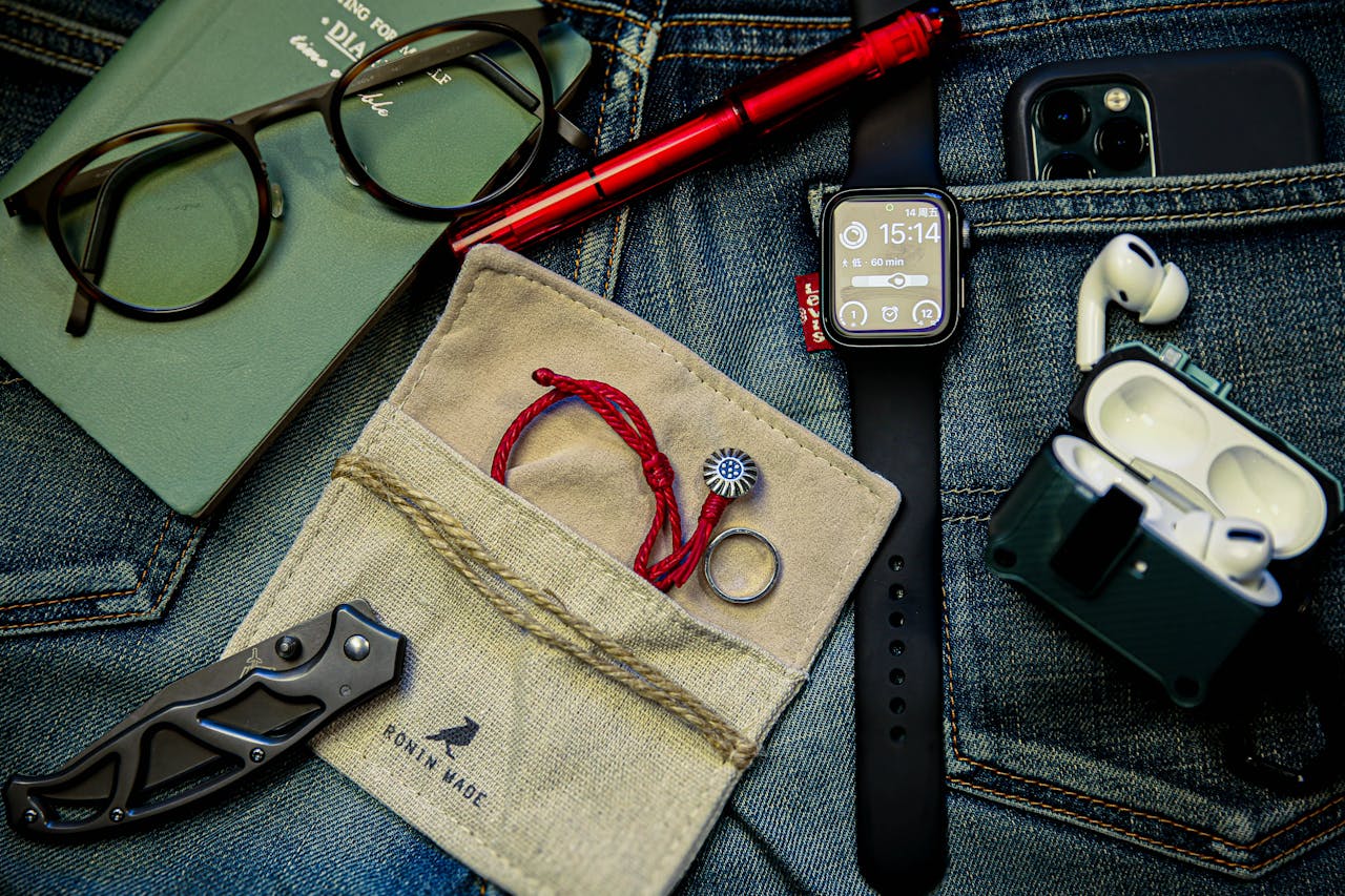 A meticulously organized flat lay showcasing everyday carry essentials on denim jeans.